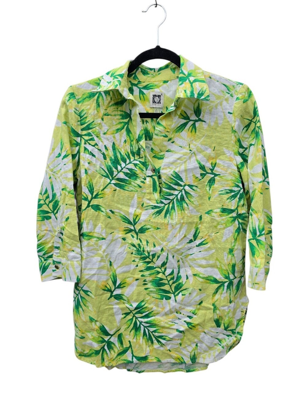 ​Anne Klein Linen Blend Tropical Floral Print Tunic Blouse Lime Green Size S